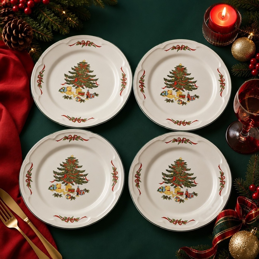 Vitromaster Christmas Tree Dinner Plates 11" Set Of 4 Holiday Festive Decor